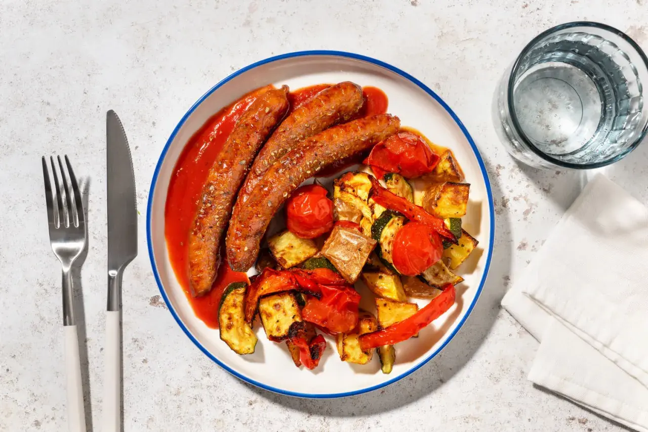 Salchichas con tomate y verduras asadas, un plato sabroso y saludable.