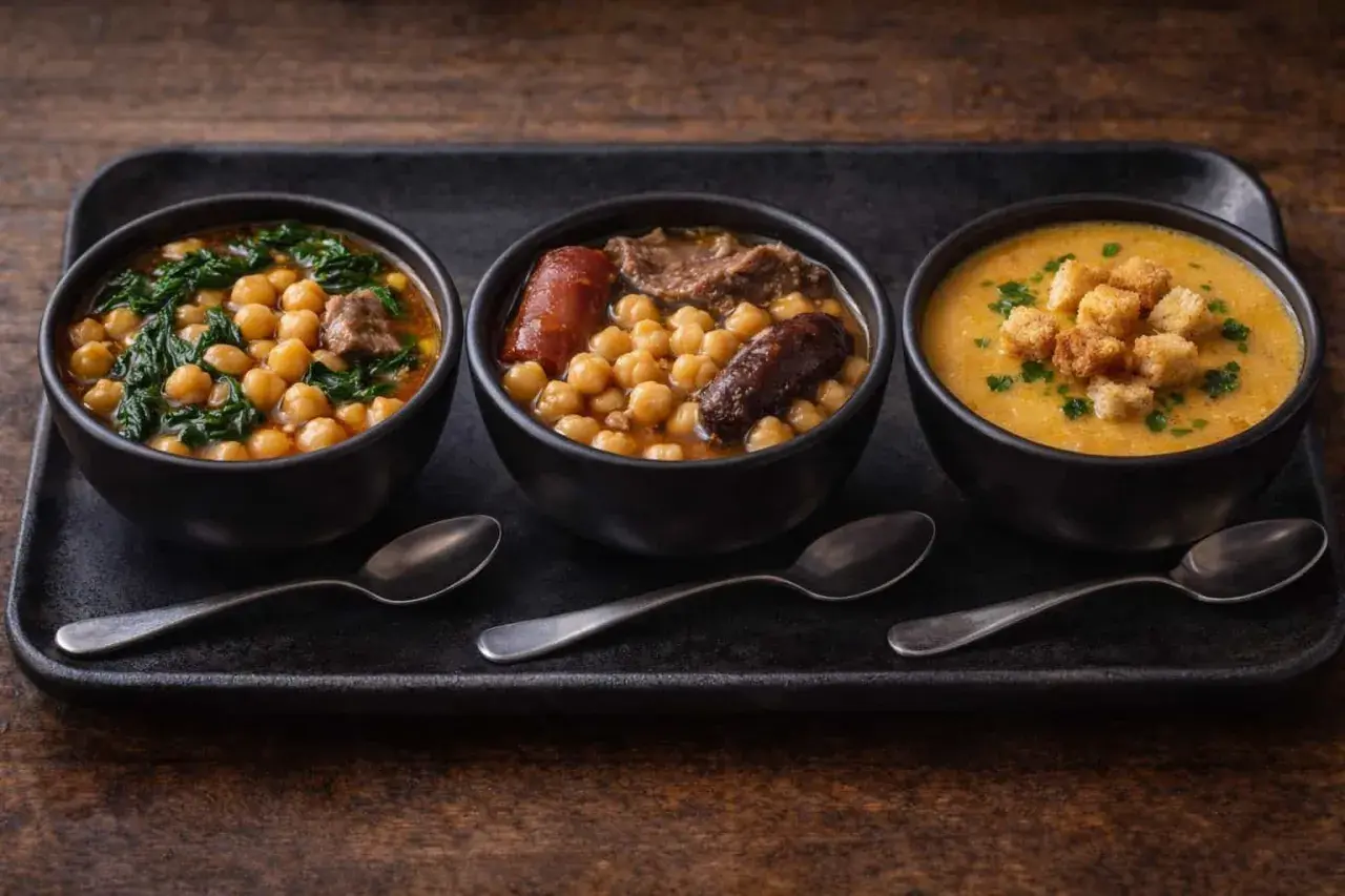 Tres cuencos de potaje de garbanzos, uno con espinacas, otro con chorizo y carne, y uno de crema con picatostes.