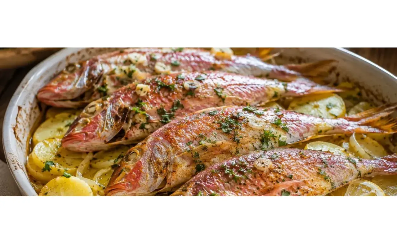 Cuatro salmonetes al horno, dorados y con hierbas, reposan sobre patatas laminadas en una fuente blanca.