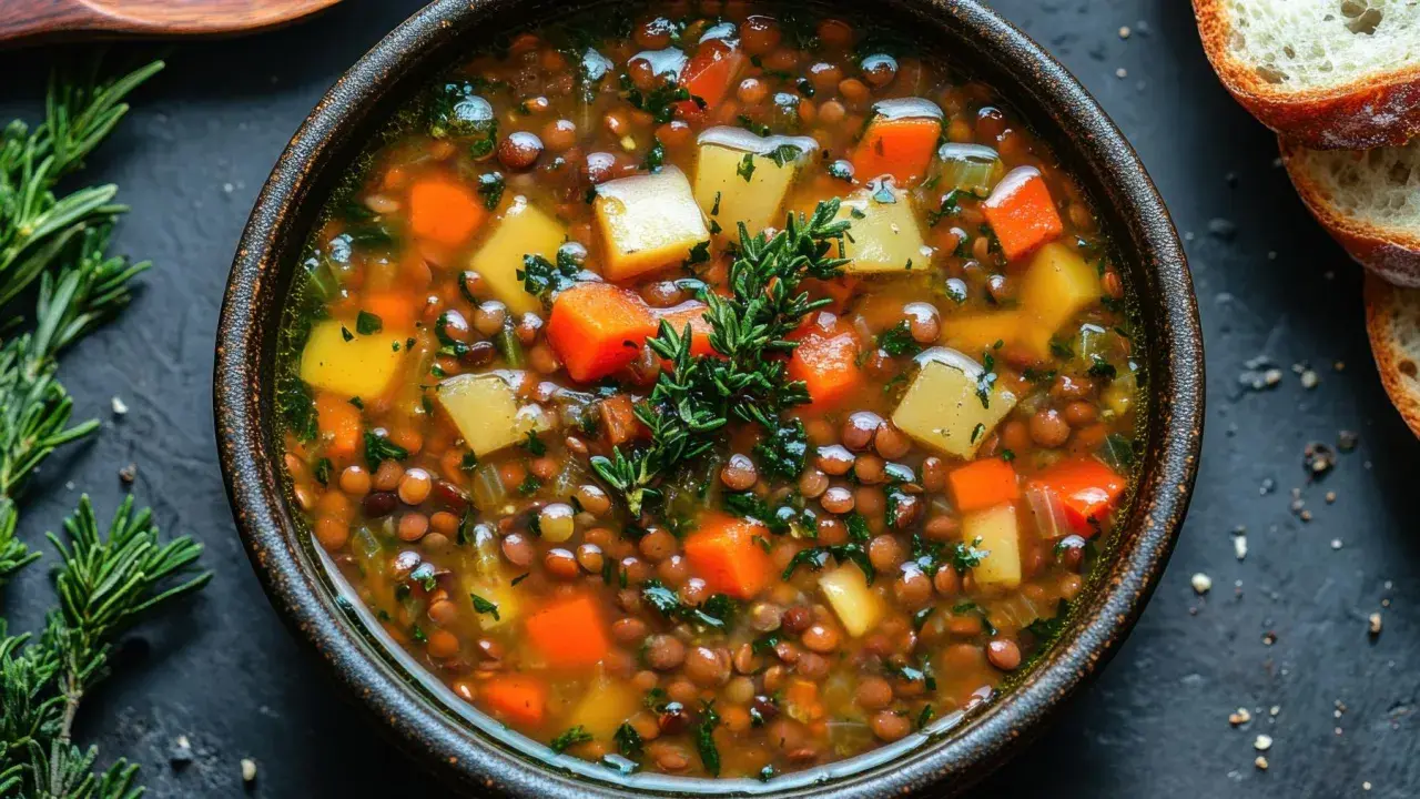 Tazón de sopa de lentejas con zanahoria y patata, perfecto para una receta de lentejas thermomix.