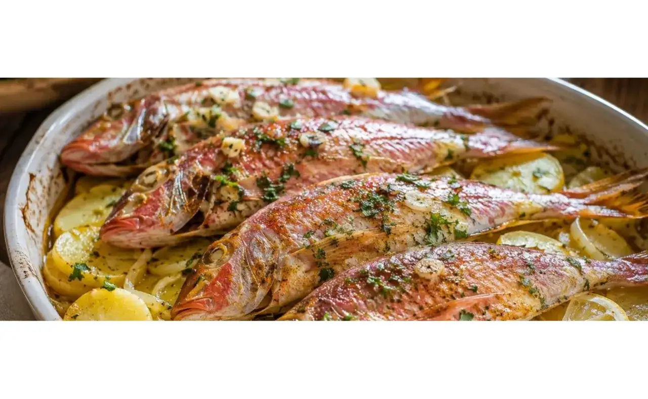 Cuatro salmonetes al horno, dorados y con hierbas, reposan sobre patatas laminadas en una fuente blanca.