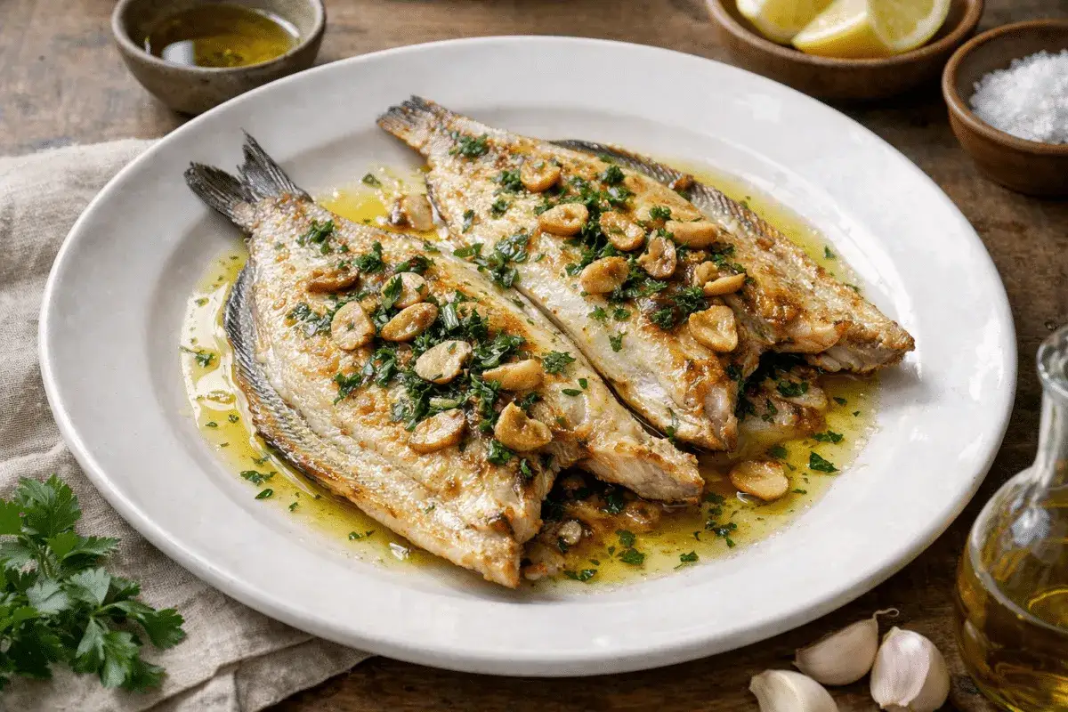 Dos lubinas a la plancha servidas en un plato blanco, ba&ntilde;adas en aceite de oliva y perejil picado, con l&aacute;minas de ajo crujiente.