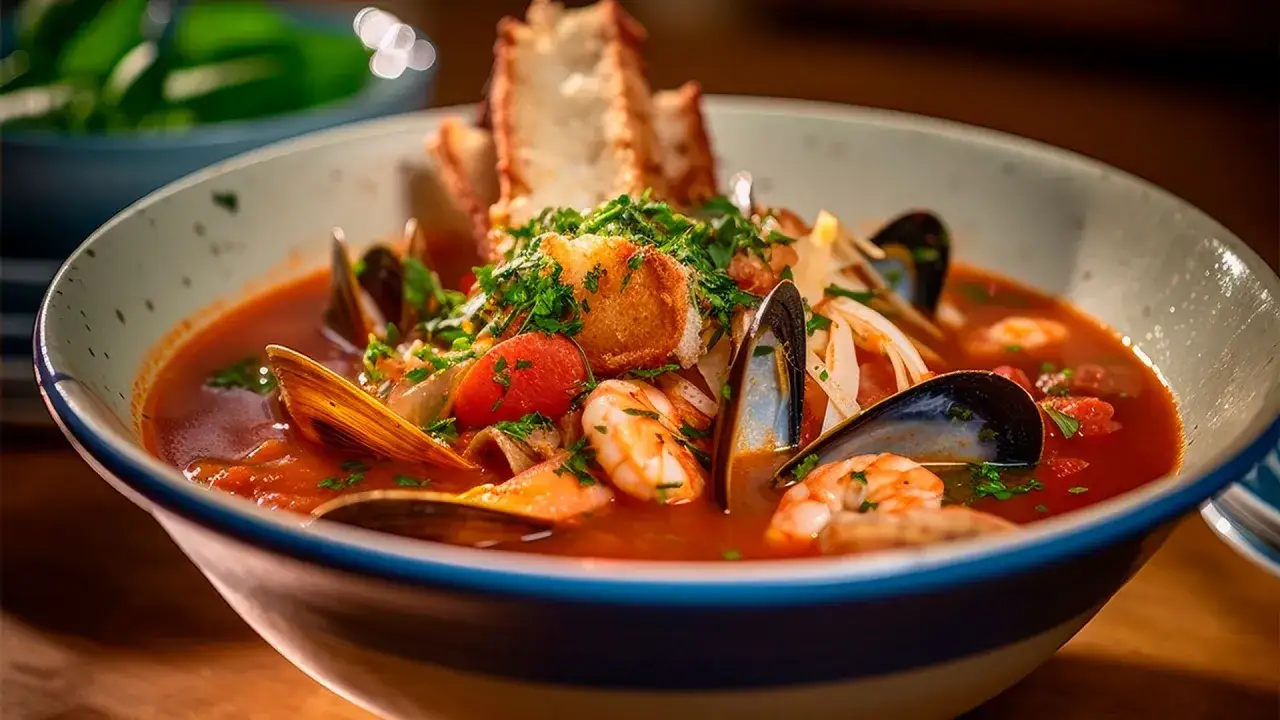 Un plato humeante de zarzuela de pescado, repleto de gambas, mejillones y trozos de pan tostado, adornado con perejil fresco.