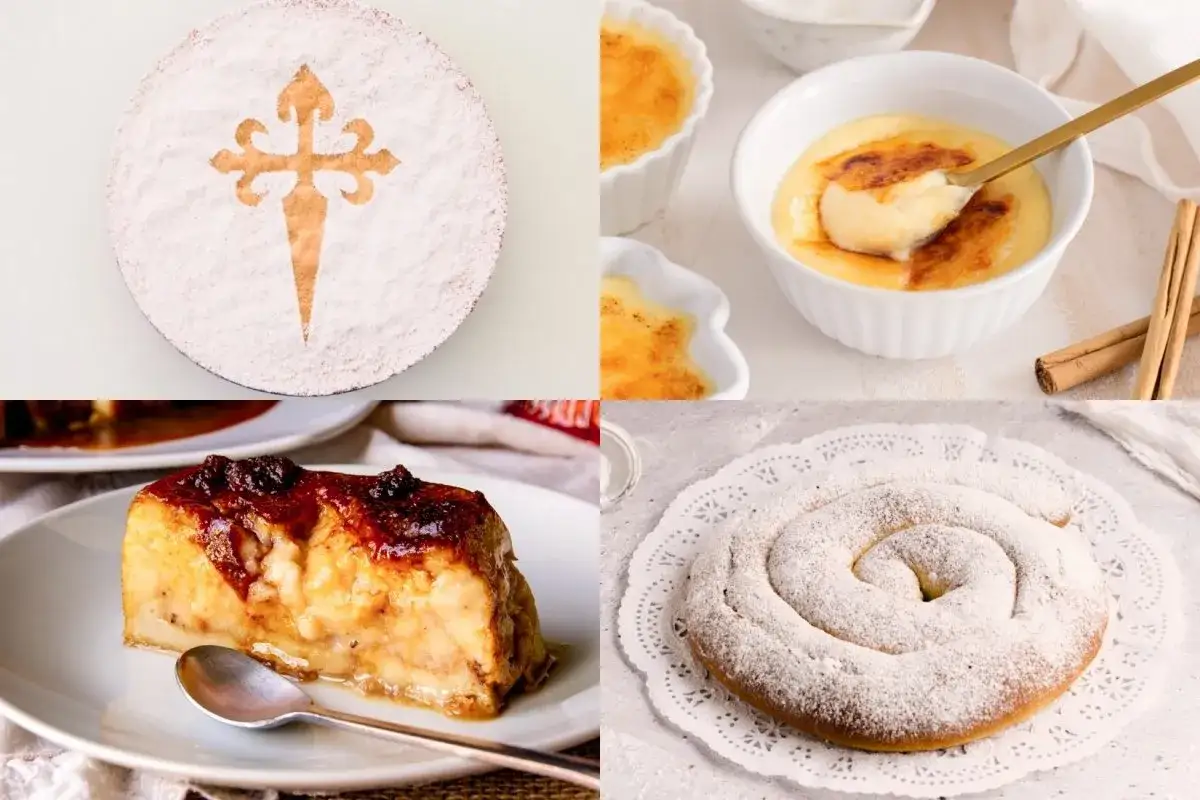 Pastel con cruz de Santiago, natillas, tarta de pan y un dulce en espiral, como un pan de calatrava.
