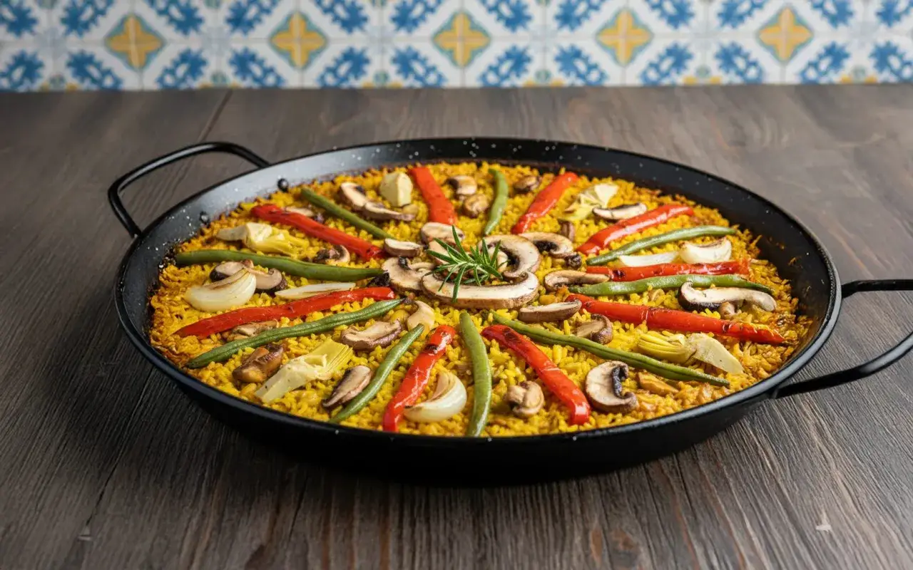 Paella de verduras vibrante con arroz amarillo, pimientos rojos, jud&iacute;as verdes, champi&ntilde;ones y alcachofas.