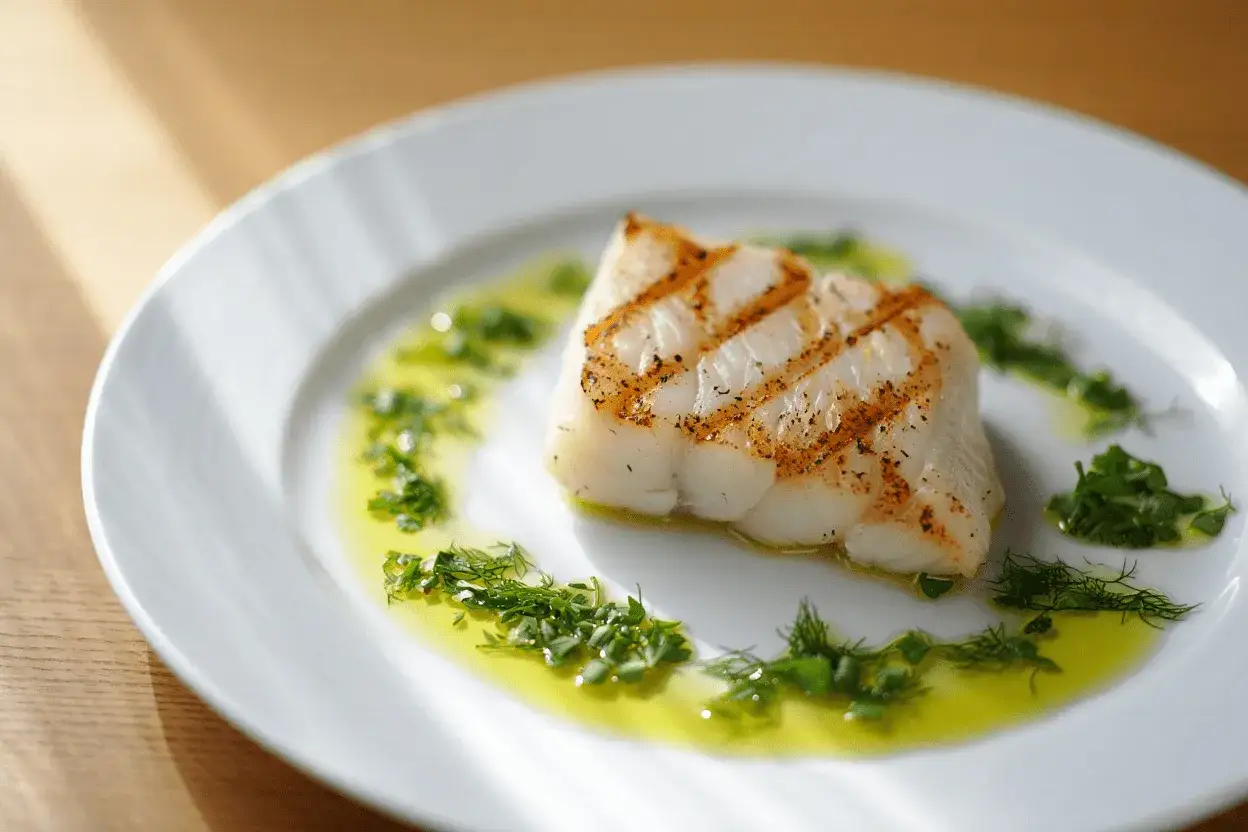 Delicioso bacalao a la plancha, con marcas doradas y un toque de hierbas frescas en aceite de oliva.