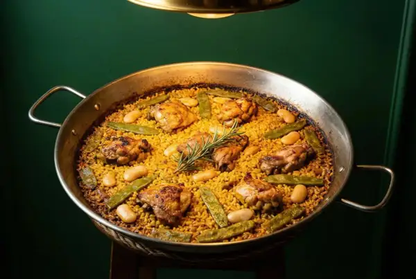 Paella valenciana recién hecha, con trozos de pollo dorado, judías verdes y garrofón, coronada con una ramita de romero.