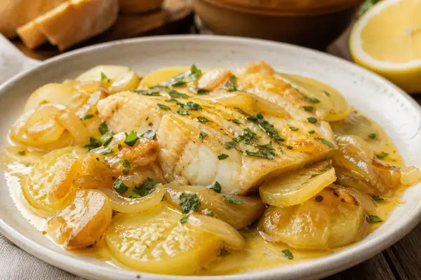 Merluza al horno con patatas, cebolla y perejil, servida en un plato blanco con una rodaja de limón al fondo.