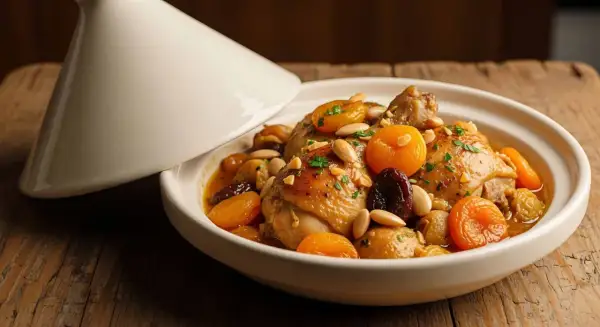 Pollo almendras en tajín, preparado con Thermomix. Jugosas piezas de pollo con albaricoques secos, ciruelas pasas y almendras tostadas.