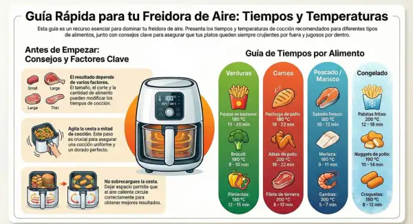 Guía de freidora de aire con tiempos y temperaturas para verduras, carnes, pescado y congelados. Incluye consejos para cocinar patatas, brócoli y pimientos.