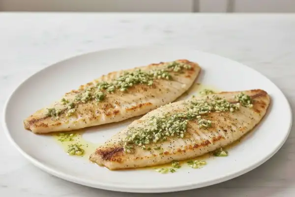 Dos filetes de merluza a la plancha, dorados y jugosos, con un toque de perejil picado y aceite de oliva.