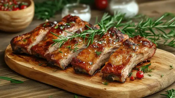Costillas al horno jugosas y doradas, servidas en tabla de madera con romero fresco y sal gruesa. ¡Un festín para los sentidos!