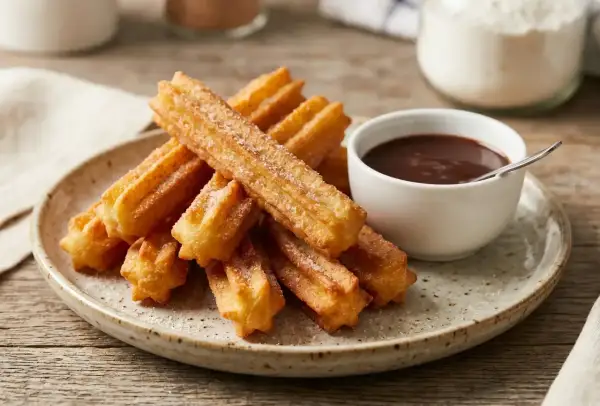 Montón de churros sin gluten espolvoreados con azúcar, junto a una taza de chocolate caliente.