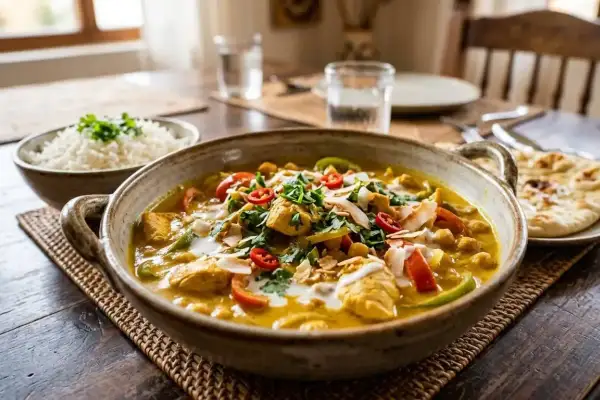 Un delicioso pollo al curry cremoso con garbanzos, pimientos y coco rallado, servido con arroz blanco y pan naan.