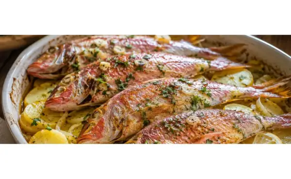 Cuatro salmonetes al horno, dorados y con hierbas, reposan sobre patatas laminadas en una fuente blanca.