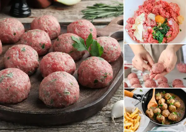 Albondigas con tomate, preparándose y cocinándose. Carne picada, huevo y hierbas para las albóndigas.