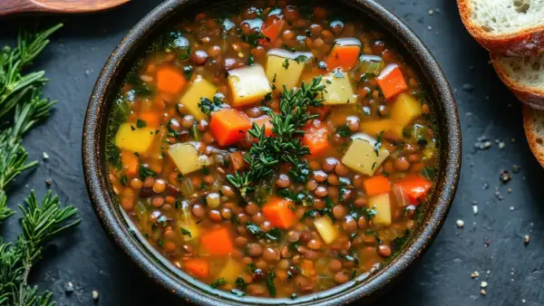 Tazón de sopa de lentejas con zanahoria y patata, perfecto para una receta de lentejas thermomix.
