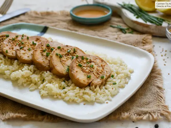 Pechuga de pollo en rodajas, servida sobre arroz blanco y espolvoreada con semillas de sésamo y cebollín.