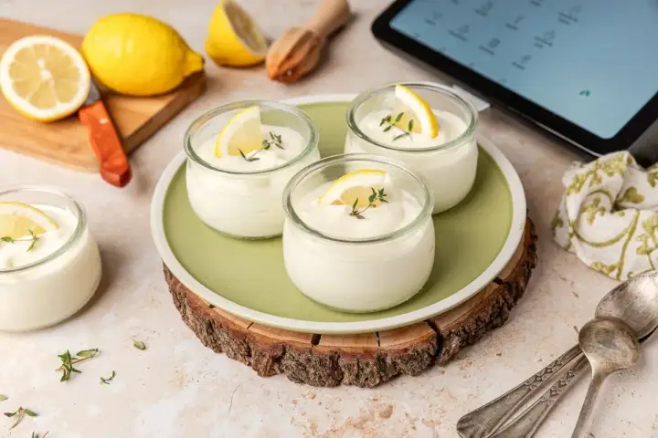 Delicioso mousse de limón Thermomix en vasitos, decorado con limón y tomillo. ¡Perfecto para un postre refrescante!