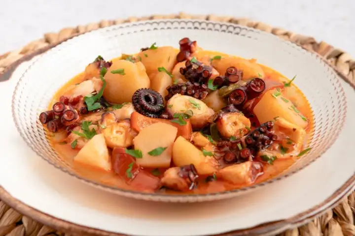 Un delicioso pulpo a la mugardesa, con patatas tiernas y un sofrito sabroso, adornado con perejil fresco.